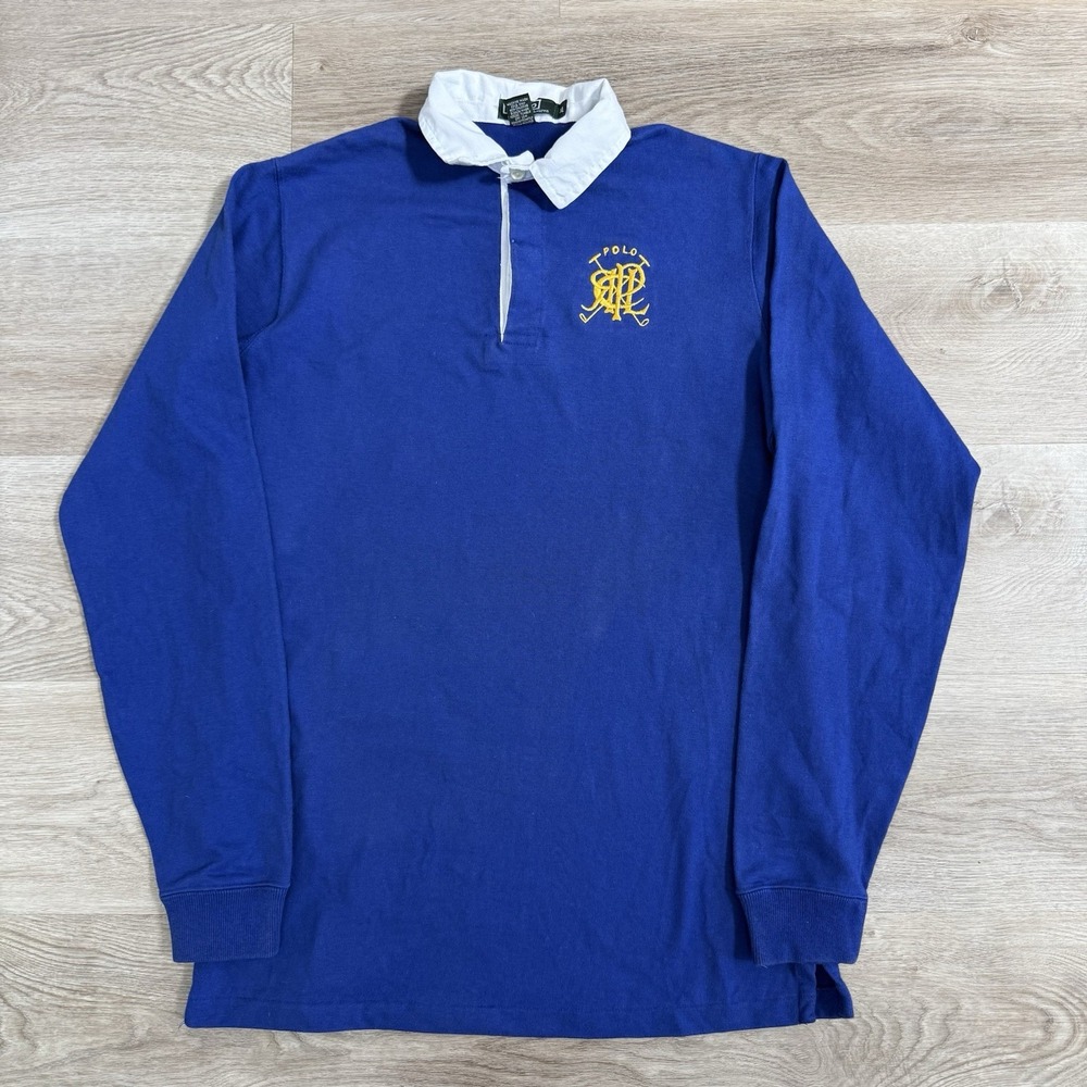 Vintage Polo Ralph Lauren Rugby Shirt Blue Crest USA Made *Tagged XL FITS MENS M